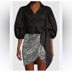 Toccin NY Women's Black V Neck Self-Tie Collar Wrap Blouse Top Size S NWT